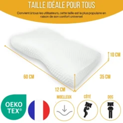 Oreiller ergonomique duo ajustable mémoire de forme, taie bambou incluse