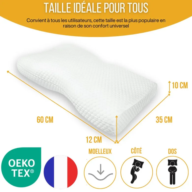 Oreiller ergonomique duo ajustable mémoire de forme, taie bambou incluse