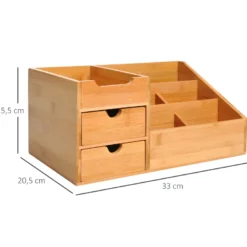 Organiseur de bureau - 7 compartiments, 2 tiroirs - bambou