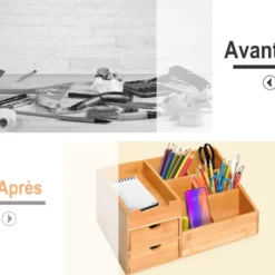 Organiseur de bureau - 7 compartiments, 2 tiroirs - bambou