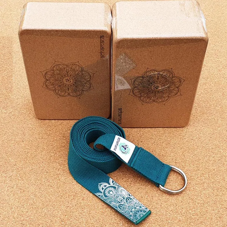 Pack 2 blocs yoga liège + sangle verte
