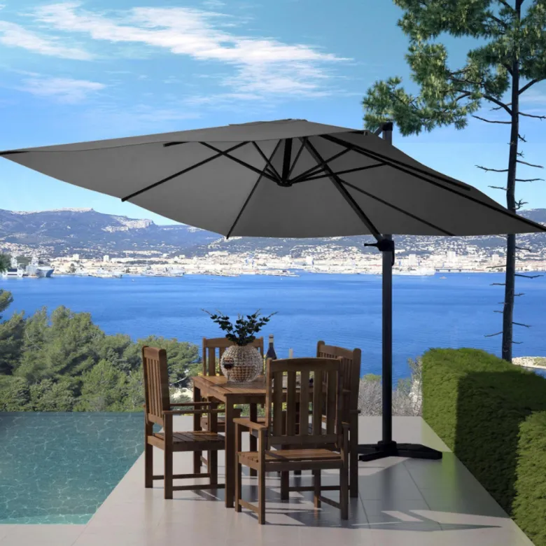 Palatino parasol gris déporté carré 3 x 3 m rotatif à 360