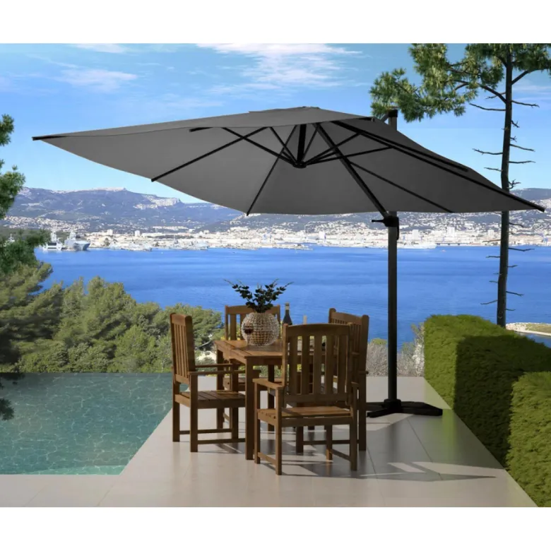 Palatino parasol gris déporté carré 3 x 3 m rotatif à 360