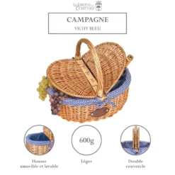 Panier en osier campagne vichy bleu