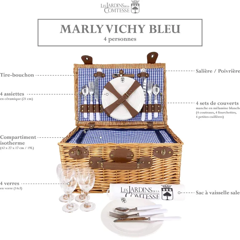 Panier pique-nique marly vichy bleu 4p