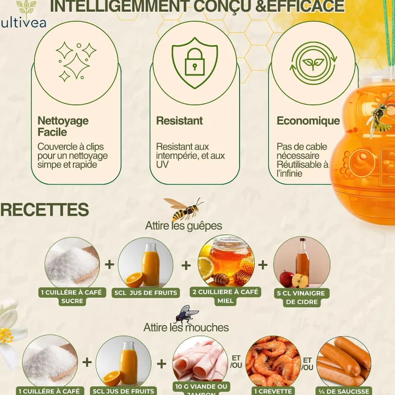 2 piège à guêpes frelons extérieur réutilisable orange