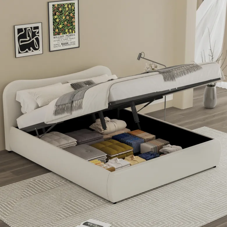 Plano lit coffre 140x190cm design arrondi velours côtelé beige
