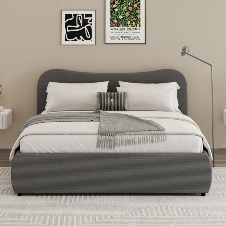 Plano lit coffre 140x190cm design arrondi velours côtelé gris