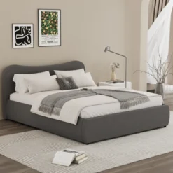 Plano lit coffre 140x190cm design arrondi velours côtelé gris