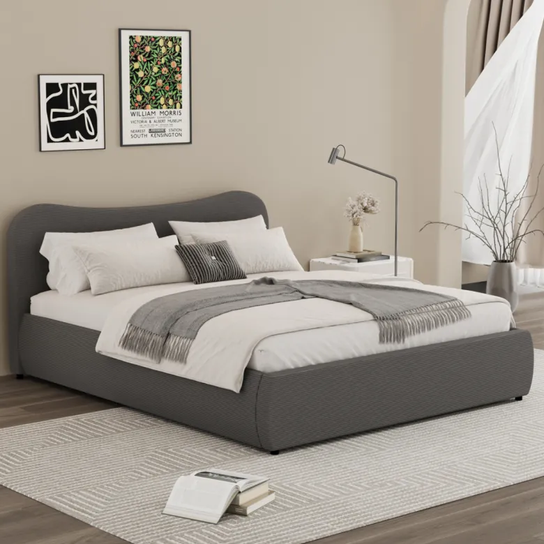 Plano lit coffre 140x190cm design arrondi velours côtelé gris