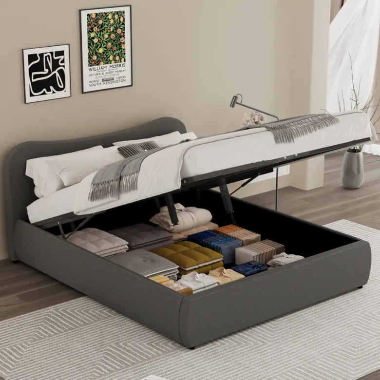 Plano lit coffre 140x190cm design arrondi velours côtelé gris