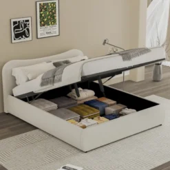 Plano lit coffre 160x200cm design arrondi velours côtelé beige