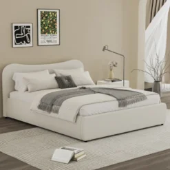 Plano lit coffre 160x200cm design arrondi velours côtelé beige