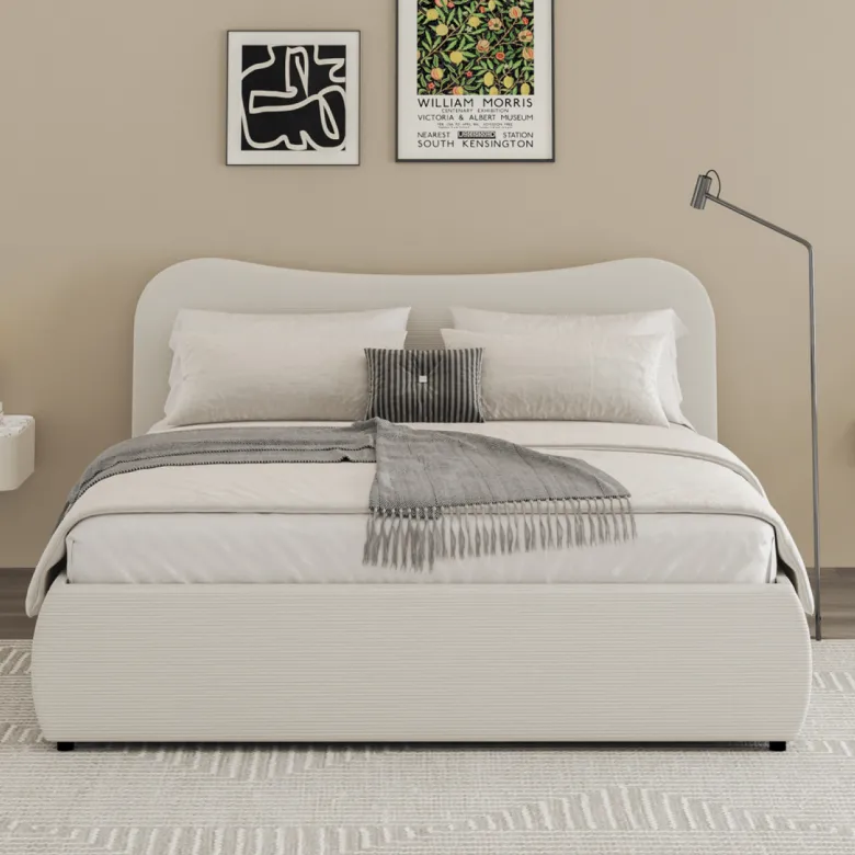 Plano lit coffre 160x200cm design arrondi velours côtelé beige