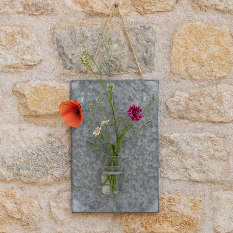 Plaque murale soliflore vase mural zinc verre gris 36.5x24.5cm