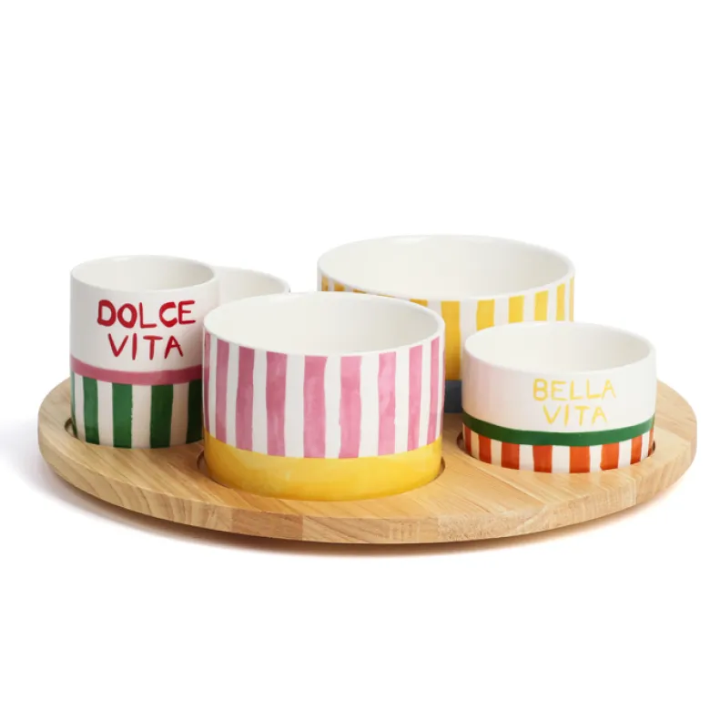 Plateau apéritif en bois et ses 6 coupelles en porcelaine Dolce Vita