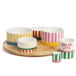 Plateau apéritif en bois et ses 6 coupelles en porcelaine Dolce Vita