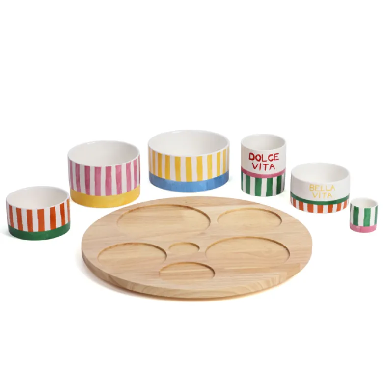 Plateau apéritif en bois et ses 6 coupelles en porcelaine Dolce Vita