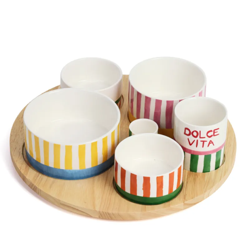 Plateau apéritif en bois et ses 6 coupelles en porcelaine Dolce Vita