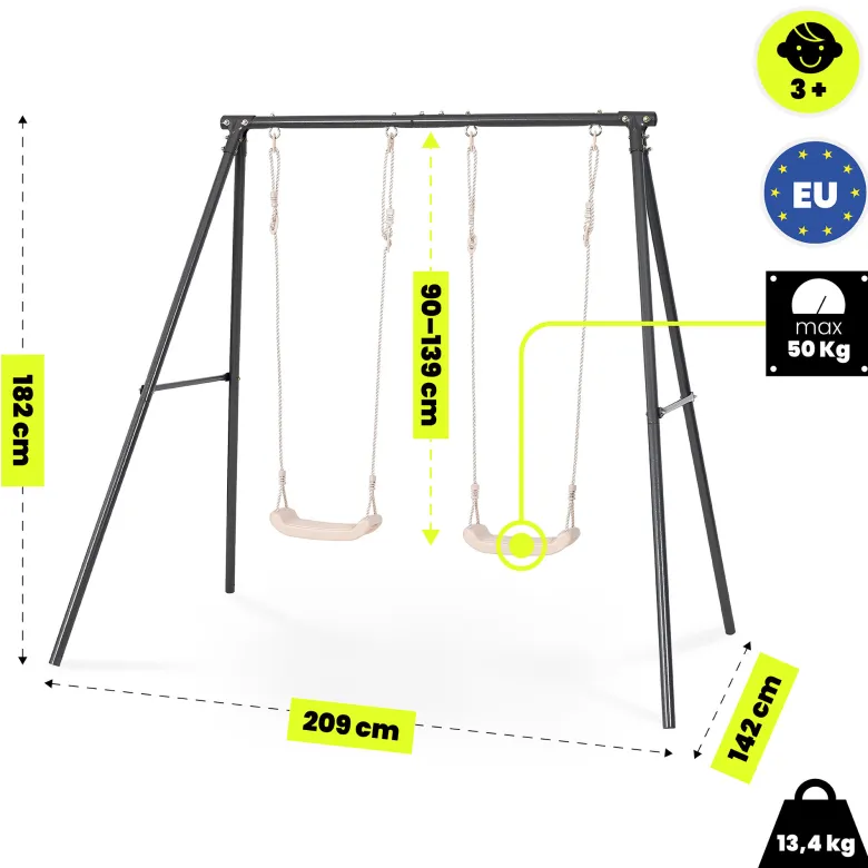 Portique balançoire double jardin hypermotion - acier 3-12 ans - 2 sièges 100kg