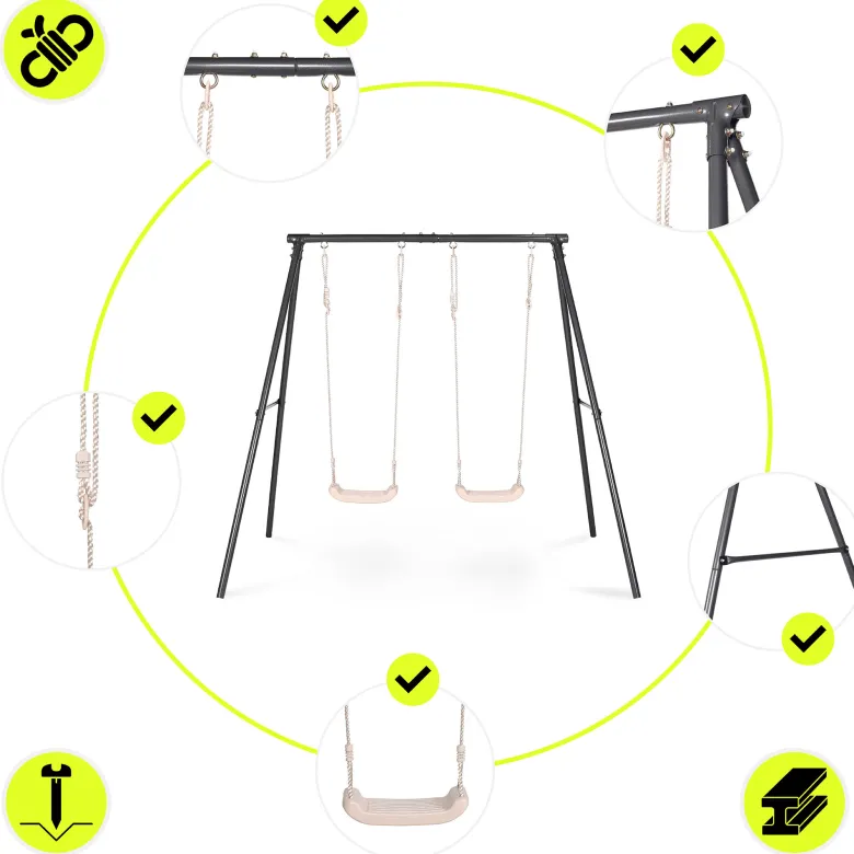Portique balançoire double jardin hypermotion - acier 3-12 ans - 2 sièges 100kg