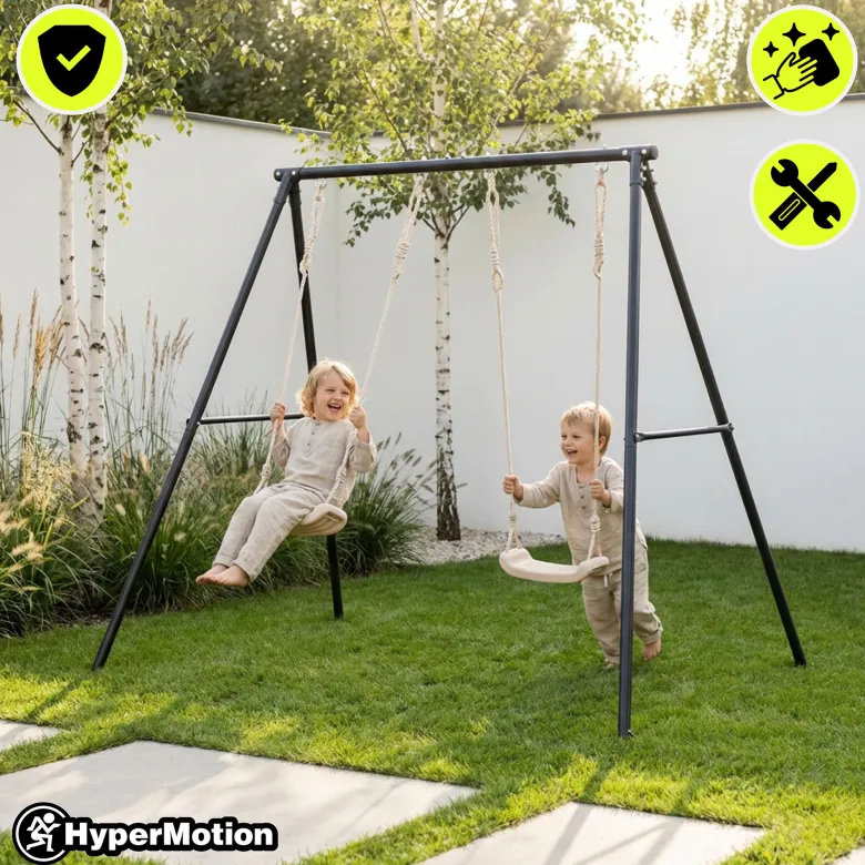 Portique balançoire double jardin hypermotion - acier 3-12 ans - 2 sièges 100kg