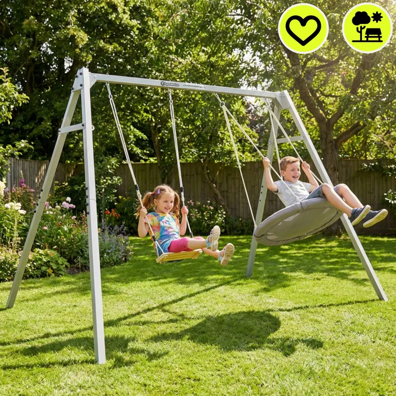 Portique jardin 4-en-1 hypermotion - nid-de-pie, balançoire bois & hamac oxford