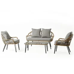 Porto salon de jardin 4 places avec table basse effet rotin naturel