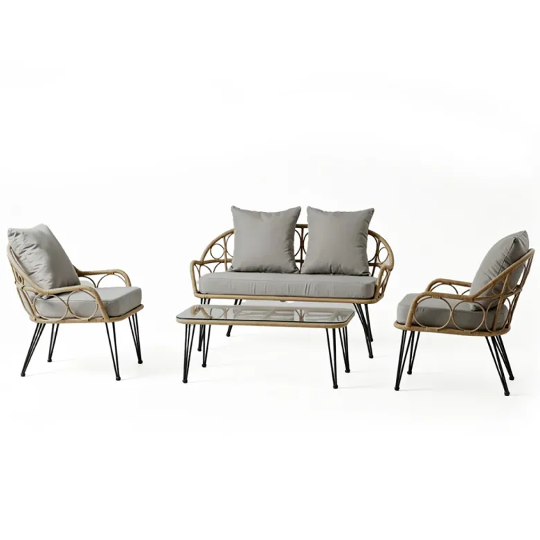 Porto salon de jardin 4 places avec table basse effet rotin naturel