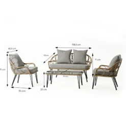 Porto salon de jardin 4 places avec table basse effet rotin naturel