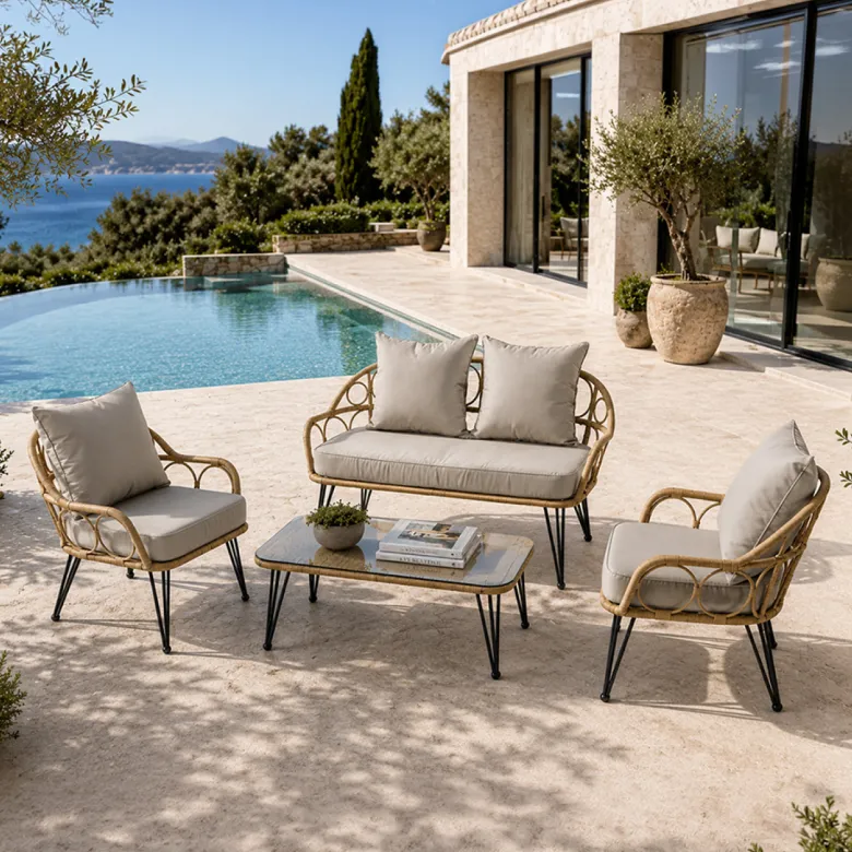 Porto salon de jardin 4 places avec table basse effet rotin naturel