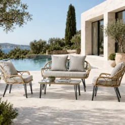 Porto salon de jardin 4 places avec table basse effet rotin naturel