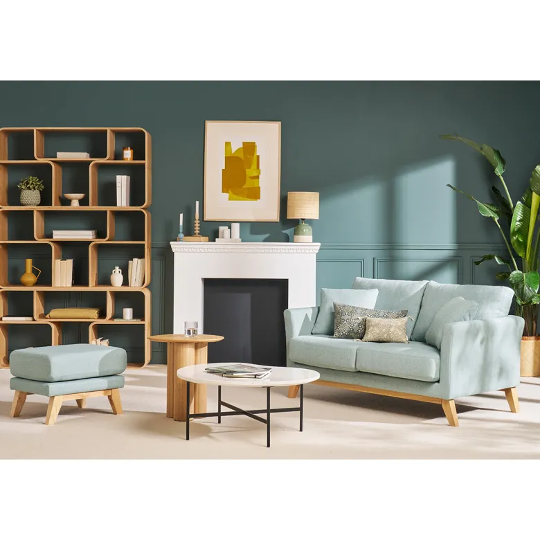 Pouf repose-pieds déhoussable en tissu vert lagon et bois clair oslo
