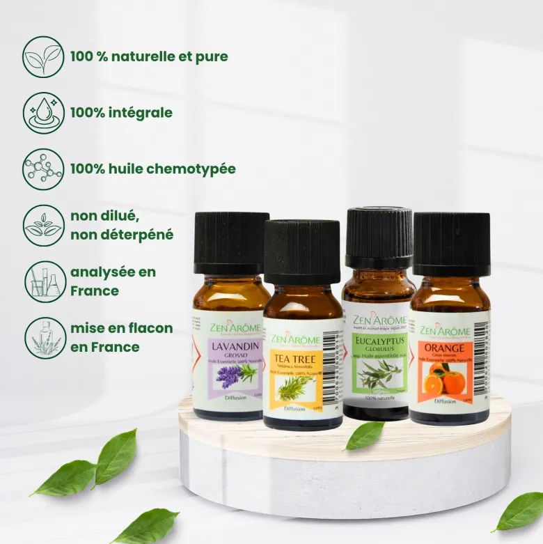 Quatuor d'huiles essentielles eucalyptus, arbre à thé, lavandin & orange