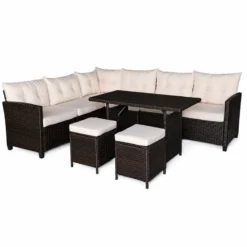 Rabi salon de jardin 9 places avec table en résine tressée marron et beige