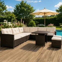 Rabi salon de jardin 9 places avec table en résine tressée marron et beige
