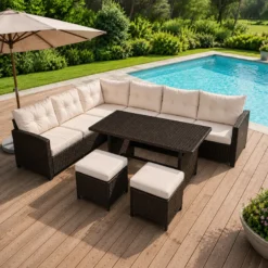 Rabi salon de jardin 9 places avec table en résine tressée marron et beige
