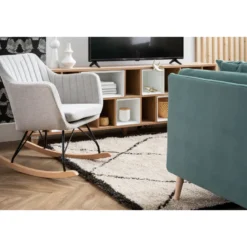 Rocking chair en tissu bleu canard, métal noir et bois clair aleyna