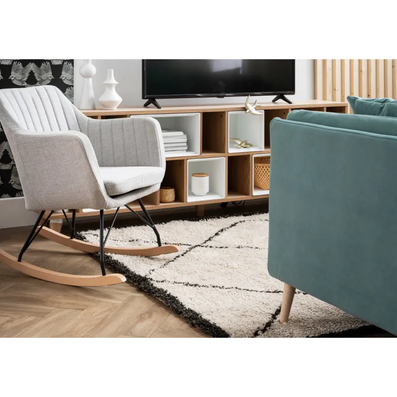 Rocking chair en tissu bleu canard, métal noir et bois clair aleyna