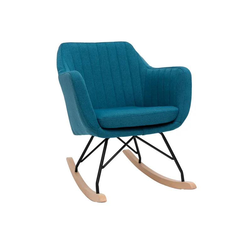 Rocking chair en tissu bleu canard, métal noir et bois clair aleyna