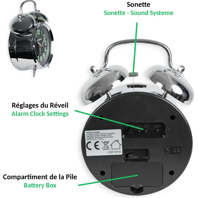 Réveil rétro radiopiloté aiguilles phosphorescentes métal