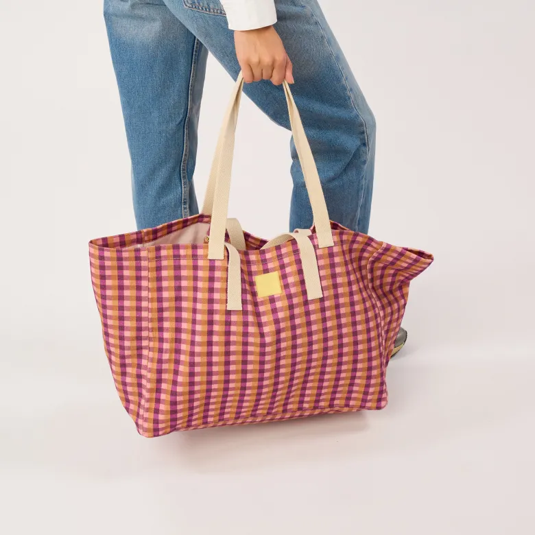 Sac cabas en coton biologique vichy violet et orange