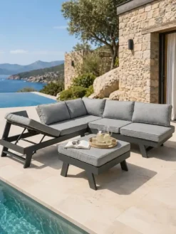 Salon d'angle de jardin 6 places en aluminium - gris anthracite