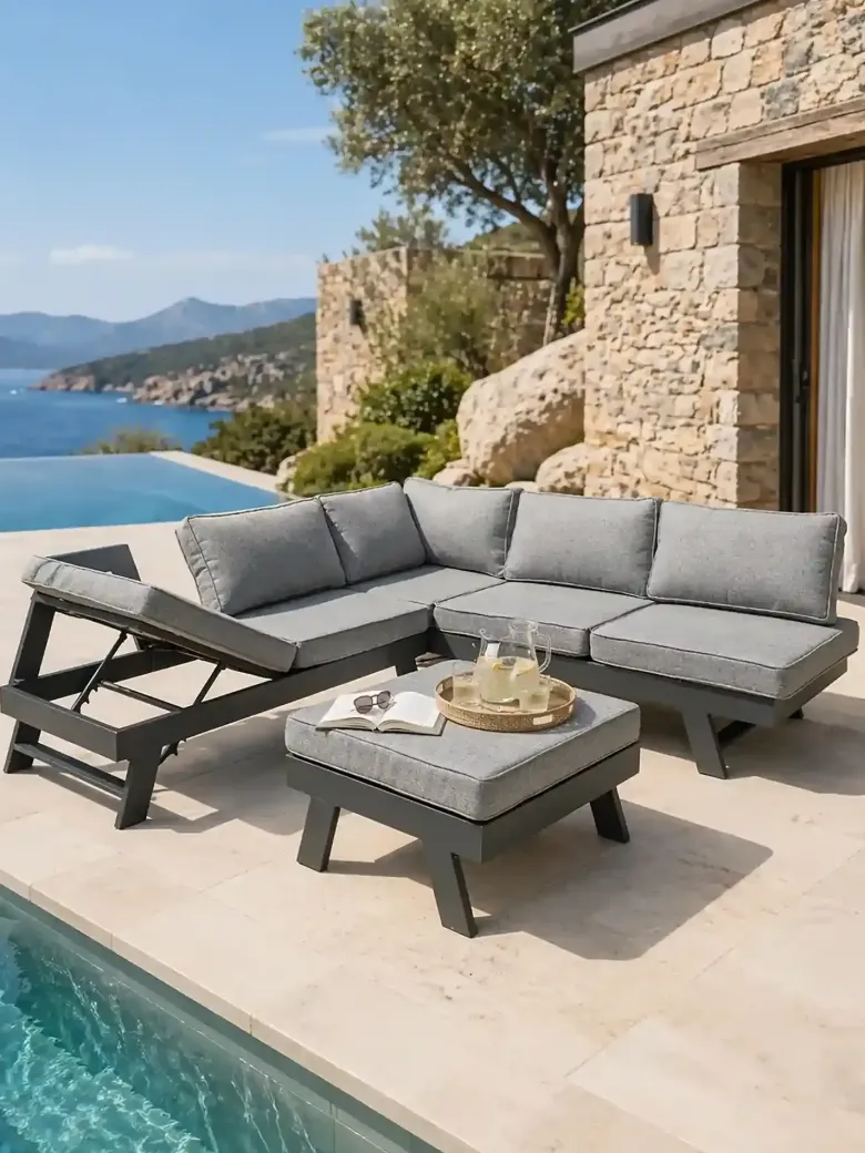 Salon d'angle de jardin 6 places en aluminium - gris anthracite