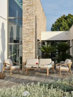 Salon de jardin bas 5 pl en aluminium imitation bois, coussins - marron