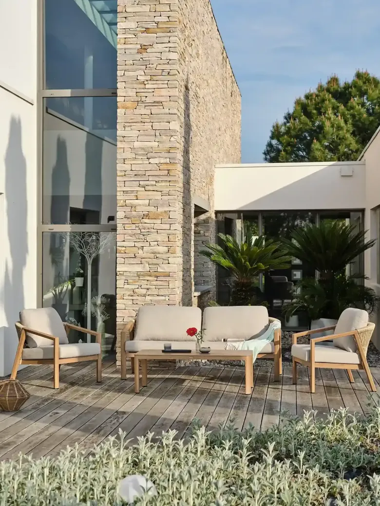 Salon de jardin bas 5 pl en aluminium imitation bois, coussins - marron