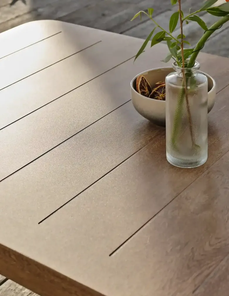 Salon de jardin bas 5 pl en aluminium imitation bois, coussins - marron