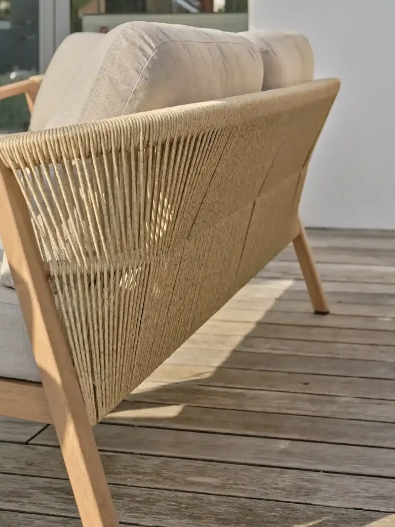 Salon de jardin bas 5 pl en aluminium imitation bois, coussins - marron