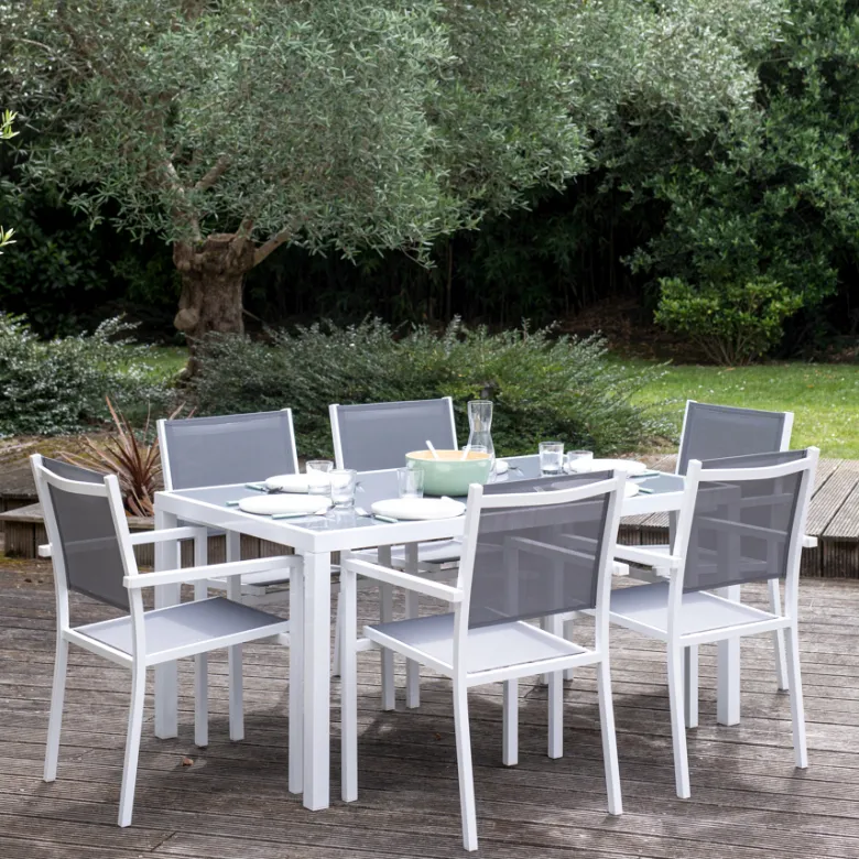 Salon de jardin bergamo en textilène gris 6 places - aluminium blanc
