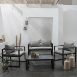 Salon de jardin ibiza en tissu gris 4 places - aluminium anthracite